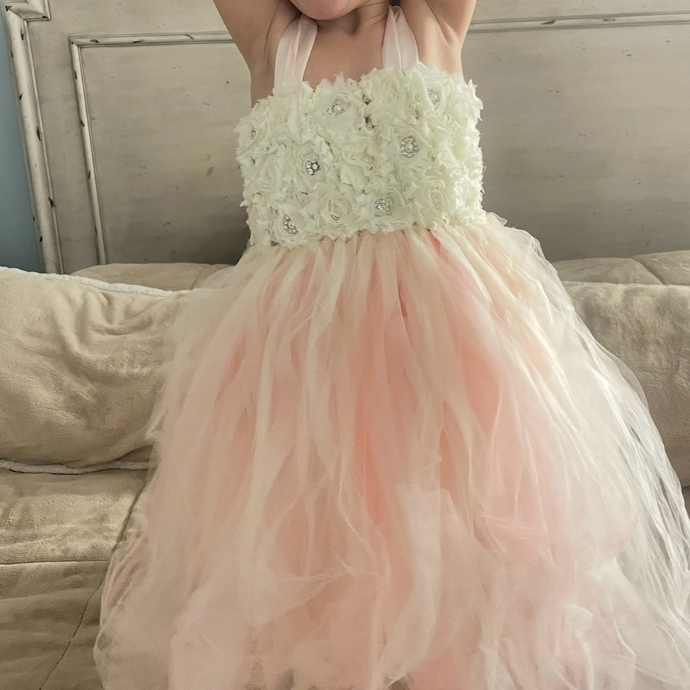 Elegant Floral Kids Dress in Cream and Pink